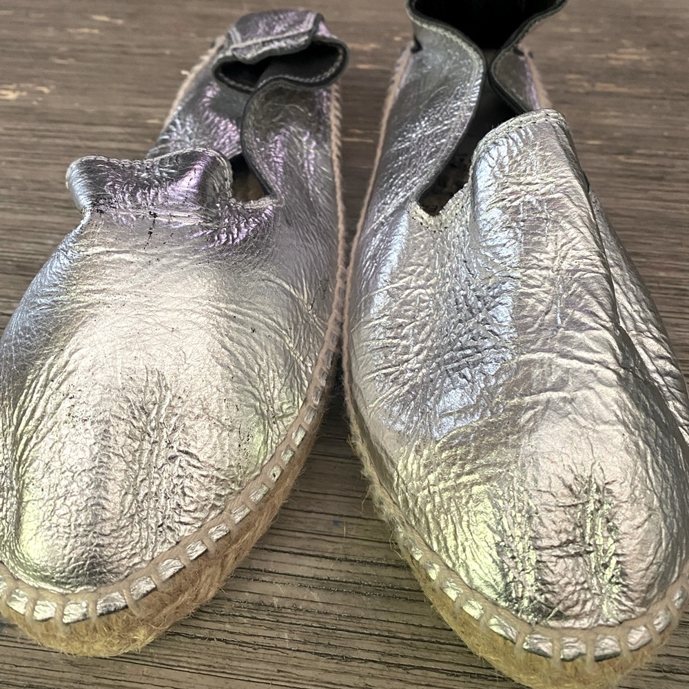 Women's Manebi leather, silver, espadrilles loafers, size 36. Like new